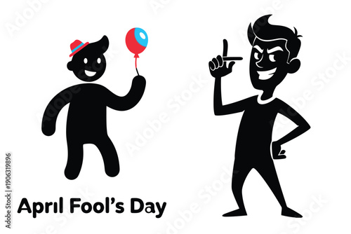 Two black silhouette figures celebrating April Fool's Day with a balloon and a gesture celebration prank
