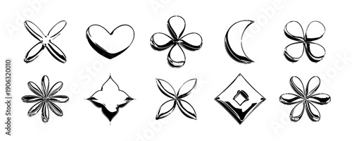 Black y2k abstract shapes in 3d inflated style. Hardcore crescent, flower, wave, heart element collection. Vector grunge balloon icon set for poster, banner, collage, flyer, streetwear, party print