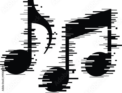Black musical notes with glitch effect on white background