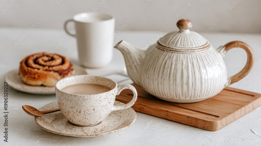 Fototapeta premium On the countertop, a warm cinnamon roll dusted with powdered sugar lies beside a coffee cup