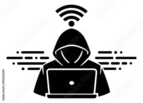 Digital illustration of a hacker depicting cyber attack and data transfer for internet security
