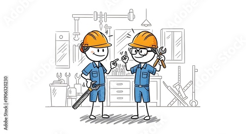 Two cartoon construction workers in hard hats discussing plans in a workshop setting.