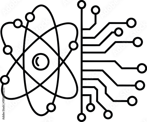 Atomic particle merging with a circuit board symbolizing technology and science.