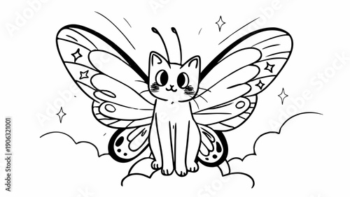 Cute cat with large butterfly wings sits magically among stylized sparkling clouds.