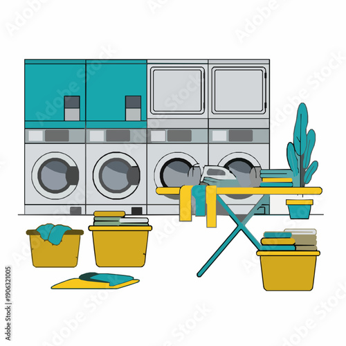 Contemporary self service laundry room concept flat vector illustration
