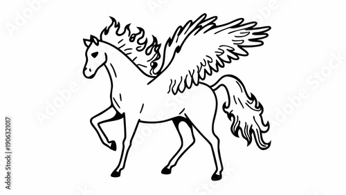 Mythical winged horse design in simple black line art showing flames emanating from the mane and tail.