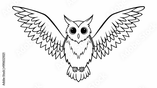 Black and white coloring outline of an owl with wide open wings against a white background.