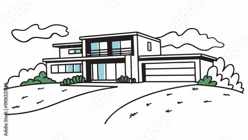 Simple line drawing shows a modern two-story suburban house with a driveway and green landscaping.