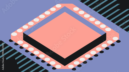 Abstract geometric background features layered diamond shapes with dotted borders and diagonal stripes.