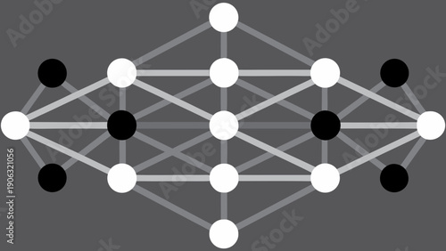 Monochrome neural network graphic displays interconnected nodes in a layered formation against gray.