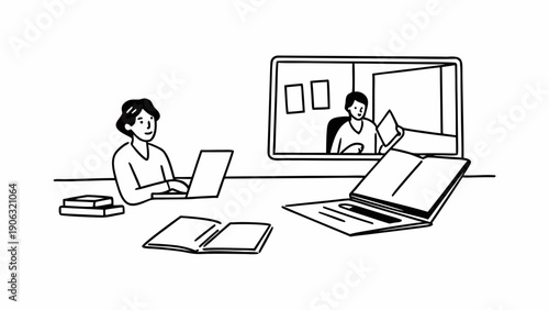 Team members collaborate online during a virtual meeting displayed on a large screen.