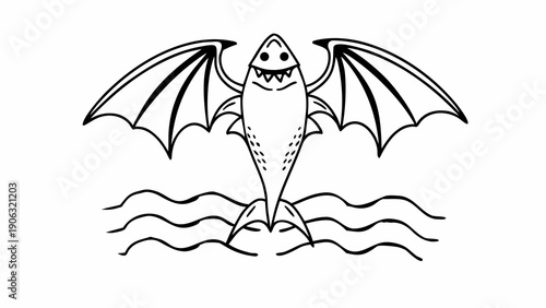 Hybrid shark creature with bat wings emerges from stylized wavy ocean water.