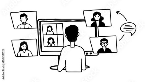 One person participates in a remote digital video conference meeting on a computer screen.