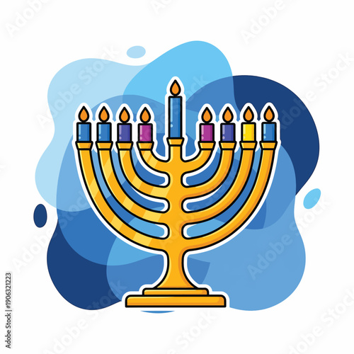 A cartoon menorah with colorful candles