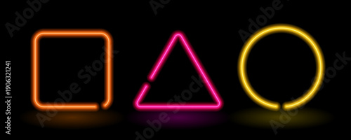Shining neon geometric frames. Glowing circle, square and triangle led lamp border collection. Shiny illuminated fluorescent round and rectangle signs for banner, text box, poster template. Vector