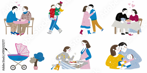 Illustrations depicting various stages of a couple s life together