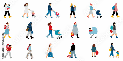 Diverse group of stylized people walking with children and belongings