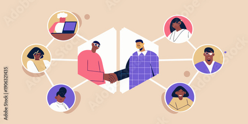 Diverse team connecting through a network symbolized by geometric shapes