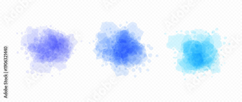Blue hues blobs set in watercolor style. Soft liquid watercolour texture splash effects. Round dry ink or paint brush shape elements. Vector shades of blue wet color splatters, spots, stains, drops