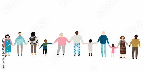 Diverse group of people holding hands in a line symbolizing unity