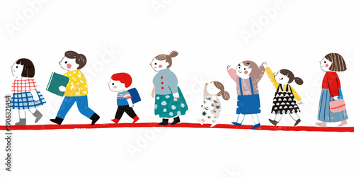 A colorful illustration depicting a line of people walking forward