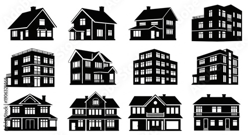Collection of house and building silhouettes for design.