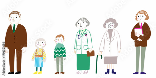 Illustration of a multi generational family including doctors and a child