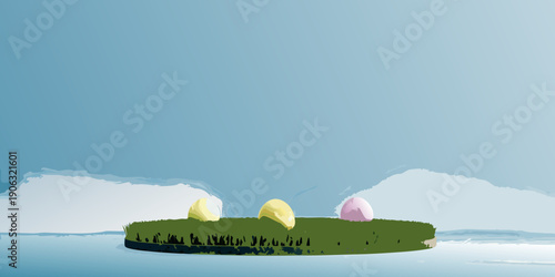 Floating island with colorful eggs and fluffy clouds in a blue sky