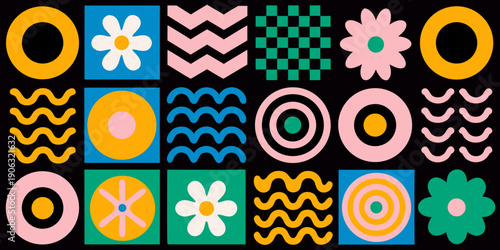 Colorful geometric pattern with repeating shapes and vibrant color blocks