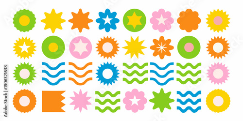 Colorful arrangement of whimsical star and geometric shapes on white background