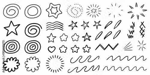 Collection of hand drawn black and white doodle shapes and abstract lines
