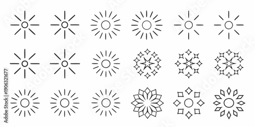 A series of stylized suns and snowflake like geometric designs