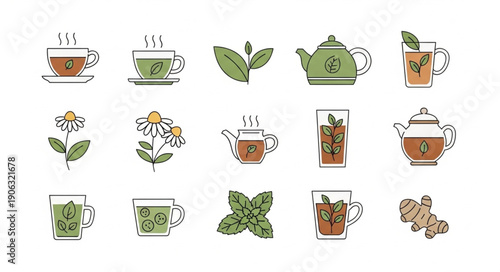 Collection of Herbal Tea Elements and Drinks.