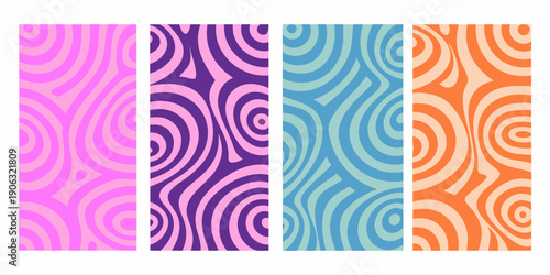 Four vibrant vertically oriented panels featuring swirling hypnotic patterns