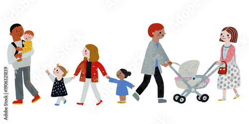 A diverse family walking together holding hands and with a stroller
