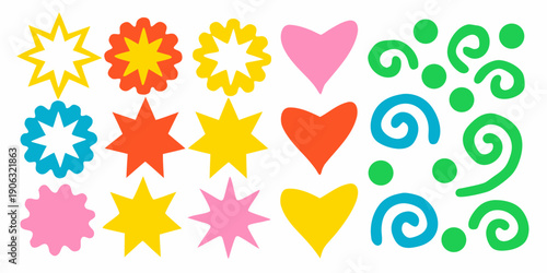 Colorful assortment of stylized floral and star shaped decorative elements