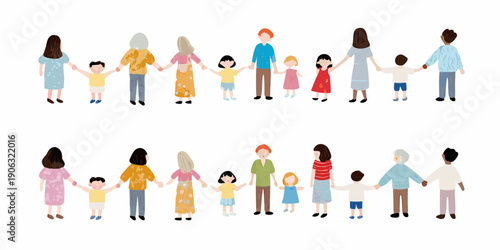 Diverse group of people including children and adults holding hands together