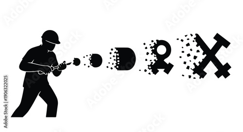 Worker firing projectile to destroy symbols of risk and danger