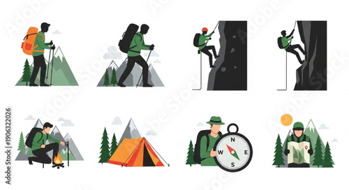 Collection of hikers and camping activities in mountains.
