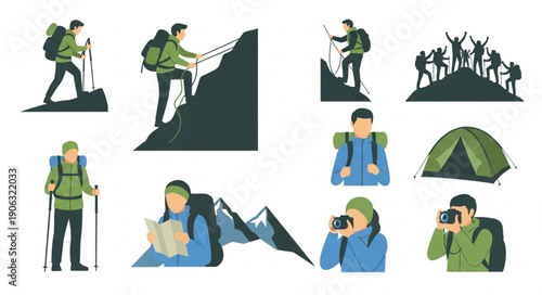 Collection of hikers and camping elements for outdoor adventures.