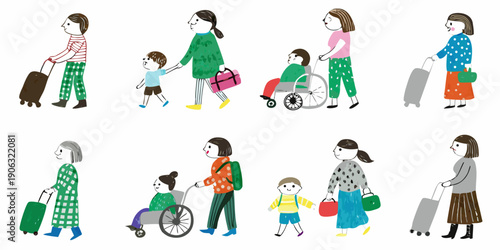 Diverse group of people traveling with luggage and varying mobility needs