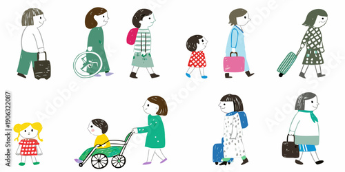 Diverse group of illustrated people traveling with luggage and mobility aids