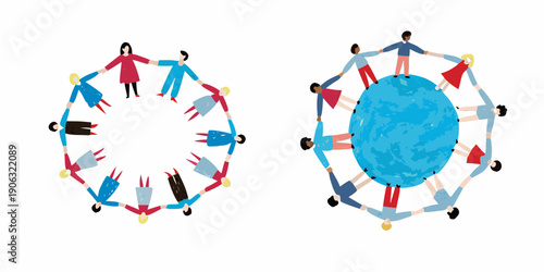 People holding hands in a circle surrounding a globe illustration