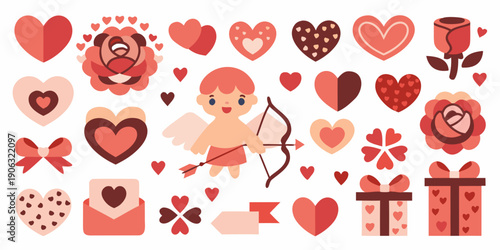 A collection of valentine s day themed illustrations including hearts and cupid