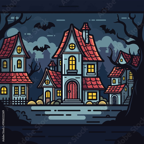 A spooky haunted house at night