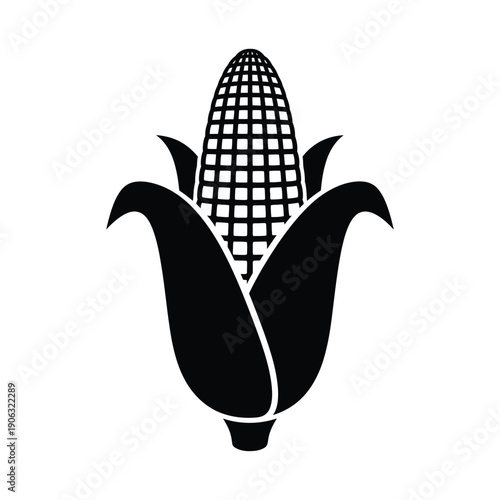 A black and white silhouette of an ear of corn with husks.