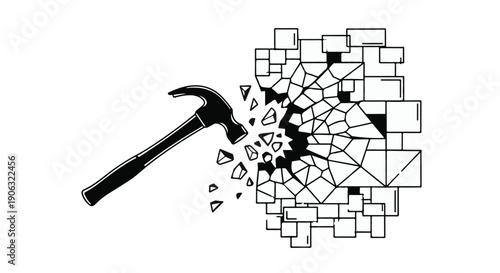 Hammer smashing into a wall of digital blocks, representing destruction of data or concepts.