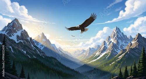 Bald Eagle Soaring Over Snow-Capped Mountain Range at Sunrise