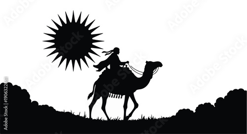 Silhouette of a person riding a camel under a bright sun in a desert landscape.