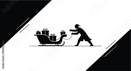 Silhouette of a person pulling a sleigh full of gifts through the snow